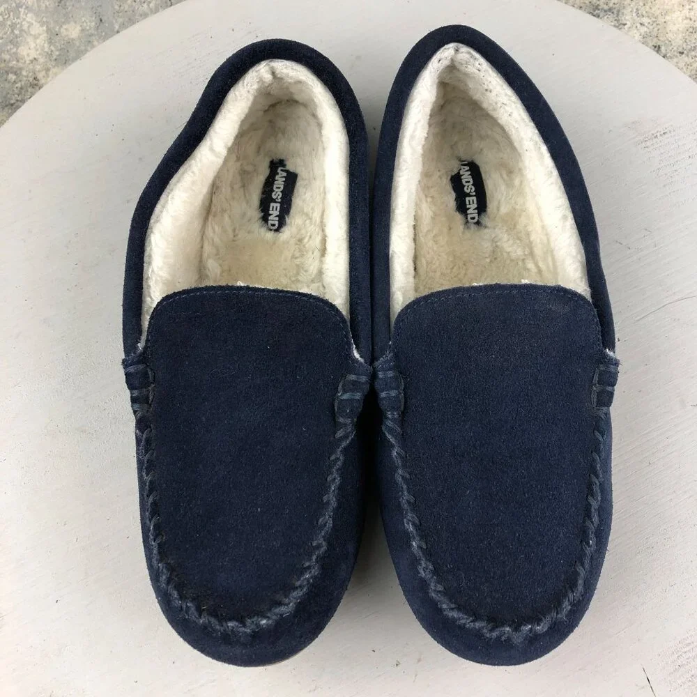 Lands' End Youth** Size 7M Dark Blue Suede Closed Toe Moccasin Slip On Slippers